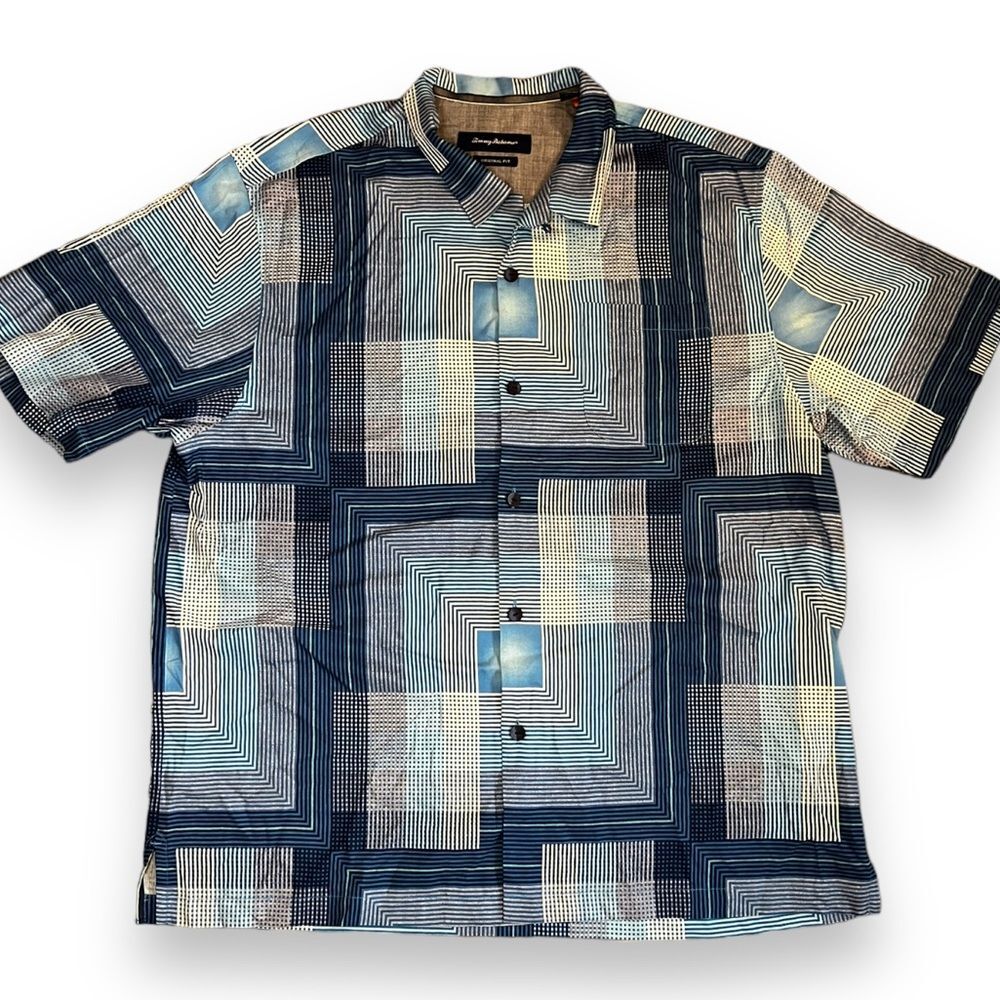 Tommy Bahama Mens Casual Button Front Shirt Short Sleeve Silk Blue XL